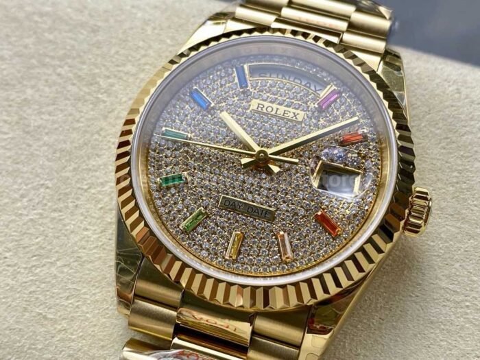 8+ Factory Counterweight Rolex Day-Date 128238-0051 36mm Full Yellow Gold Baguette Diamond Yellow Gold Dial - Image 3
