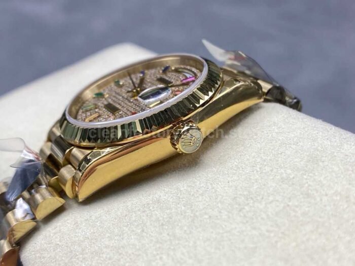 8+ Factory Counterweight Rolex Day-Date 128238-0051 36mm Full Yellow Gold Baguette Diamond Yellow Gold Dial - Image 6