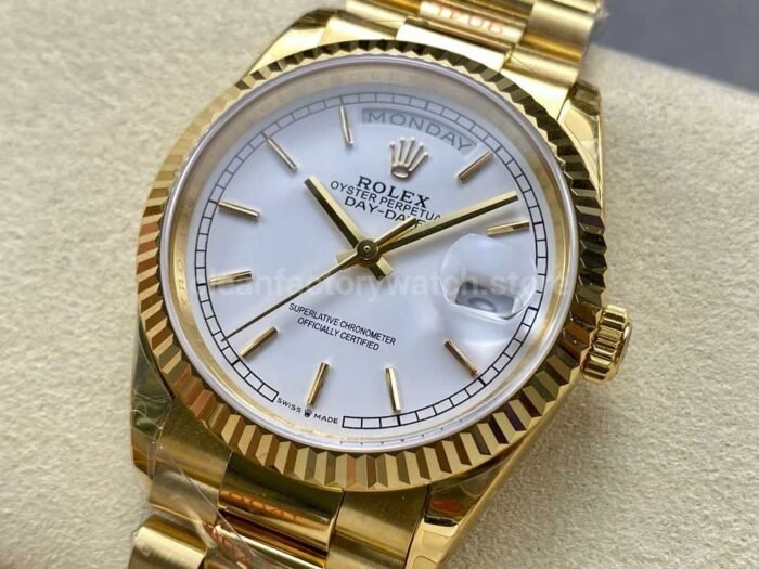 8+ Factory Counterweight Rolex Day-Date 128238-0081 36mm Full Yellow Gold White Dial - Image 3