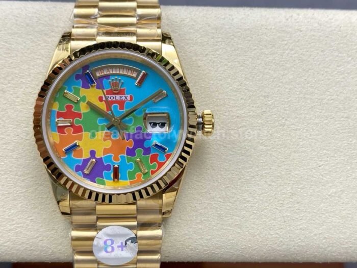 8+ Factory Counterweight Rolex Day-Date 128238-0106 36mm Full Yellow Gold Color Baguette Puzzle Blue Dial - Image 17