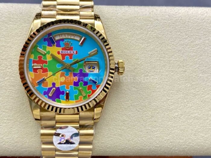 8+ Factory Counterweight Rolex Day-Date 128238-0106 36mm Full Yellow Gold Color Baguette Puzzle Blue Dial - Image 16