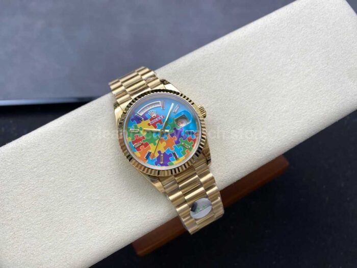 8+ Factory Counterweight Rolex Day-Date 128238-0106 36mm Full Yellow Gold Color Baguette Puzzle Blue Dial - Image 4