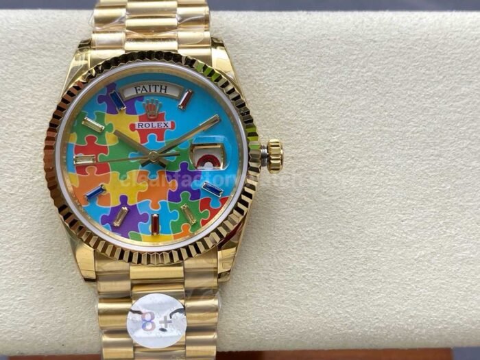 8+ Factory Counterweight Rolex Day-Date 128238-0106 36mm Full Yellow Gold Color Baguette Puzzle Blue Dial - Image 15