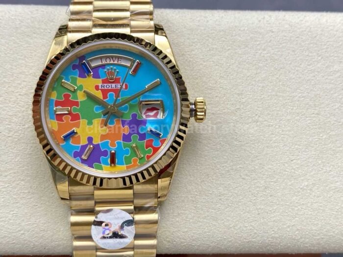 8+ Factory Counterweight Rolex Day-Date 128238-0106 36mm Full Yellow Gold Color Baguette Puzzle Blue Dial - Image 14
