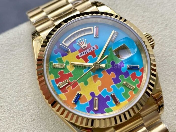 8+ Factory Counterweight Rolex Day-Date 128238-0106 36mm Full Yellow Gold Color Baguette Puzzle Blue Dial - Image 2