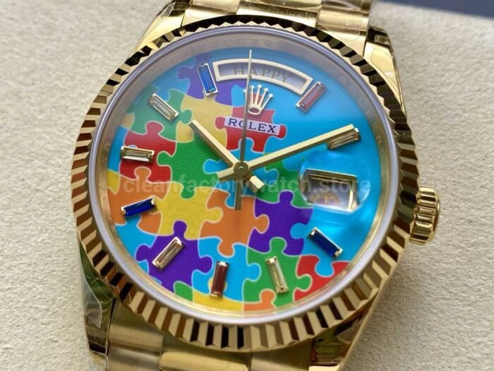 8+ Factory Counterweight Rolex Day-Date 128238-0106 36mm Full Yellow Gold Color Baguette Puzzle Blue Dial - Image 3
