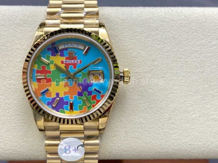 8+ Factory Counterweight Rolex Day-Date 128238-0106 36mm Full Yellow Gold Color Baguette Puzzle Blue Dial - Image 13