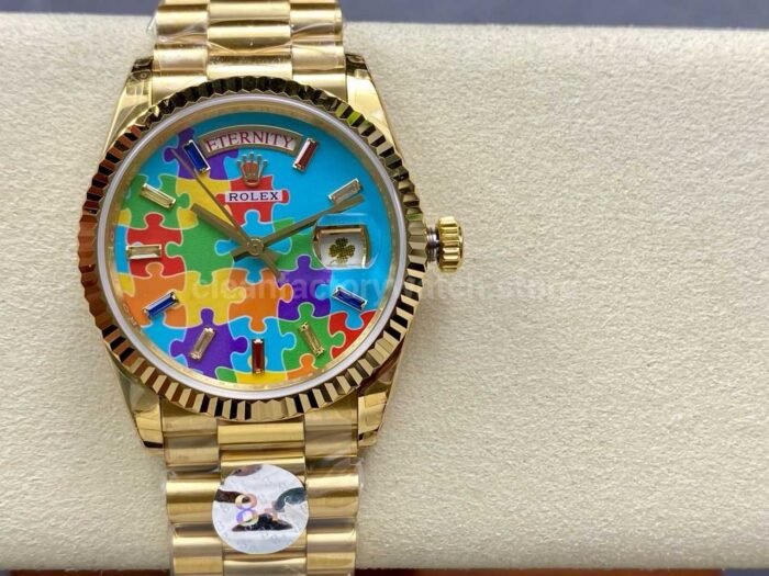 8+ Factory Counterweight Rolex Day-Date 128238-0106 36mm Full Yellow Gold Color Baguette Puzzle Blue Dial - Image 11