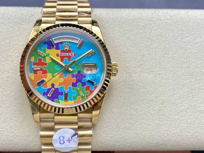 8+ Factory Counterweight Rolex Day-Date 128238-0106 36mm Full Yellow Gold Color Baguette Puzzle Blue Dial - Image 18
