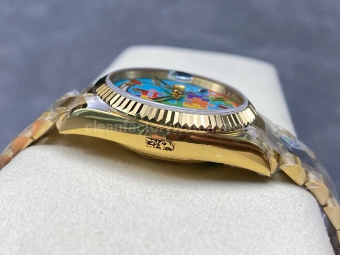 8+ Factory Counterweight Rolex Day-Date 128238-0106 36mm Full Yellow Gold Color Baguette Puzzle Blue Dial - Image 5
