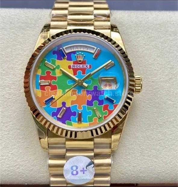 8+ Factory Counterweight Rolex Day-Date 128238-0106 36mm Full Yellow Gold Color Baguette Puzzle Blue Dial
