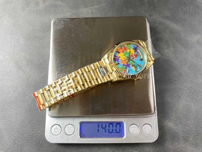 8+ Factory Counterweight Rolex Day-Date 128238-0106 36mm Full Yellow Gold Color Baguette Puzzle Blue Dial - Image 9