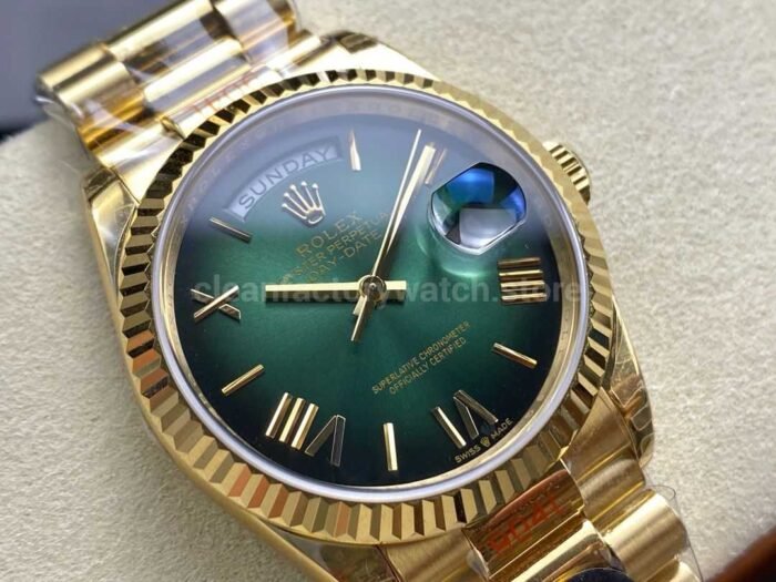 8+ Factory Counterweight Rolex Day-Date 128238-0118 36mm Full Yellow Gold Roman Numerals Green Ombré Dial - Image 2