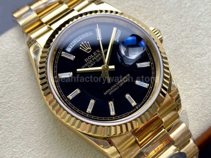8+ Factory Counterweight’ Rolex Day-Date 128238 36mm Full Yellow Gold Baguette Diamond Black Dial - Image 2