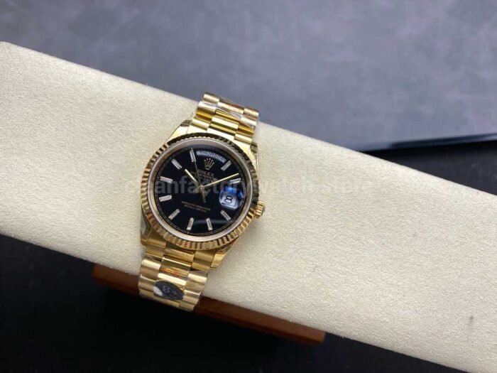 8+ Factory Counterweight’ Rolex Day-Date 128238 36mm Full Yellow Gold Baguette Diamond Black Dial - Image 4