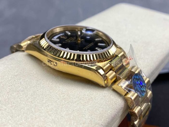 8+ Factory Counterweight’ Rolex Day-Date 128238 36mm Full Yellow Gold Baguette Diamond Black Dial - Image 5