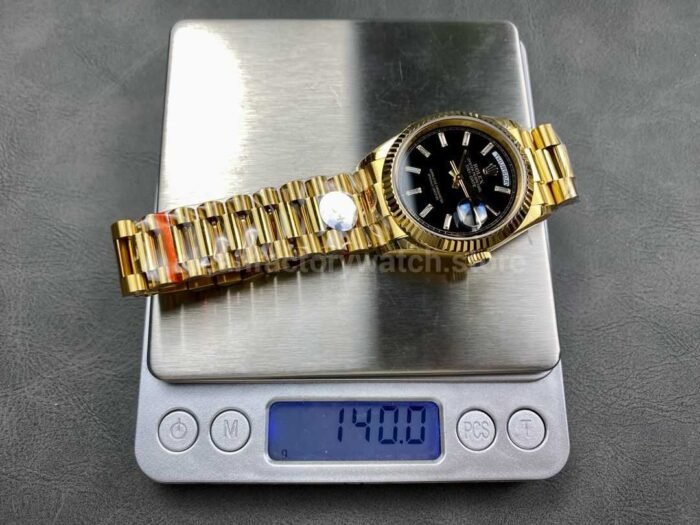 8+ Factory Counterweight’ Rolex Day-Date 128238 36mm Full Yellow Gold Baguette Diamond Black Dial - Image 9