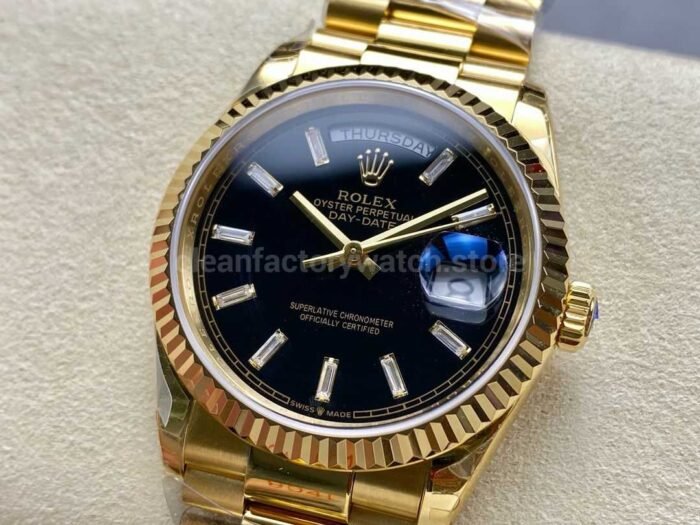 8+ Factory Counterweight’ Rolex Day-Date 128238 36mm Full Yellow Gold Baguette Diamond Black Dial - Image 3
