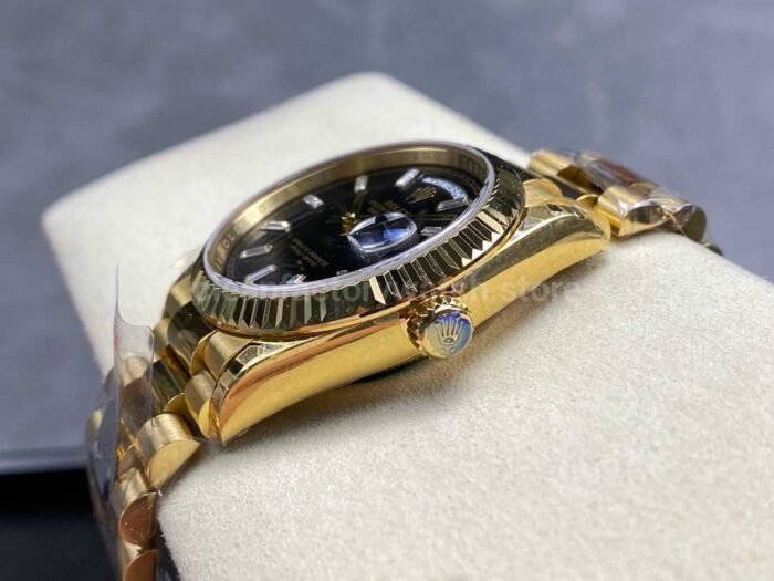8+ Factory Counterweight’ Rolex Day-Date 128238 36mm Full Yellow Gold Baguette Diamond Black Dial - Image 6