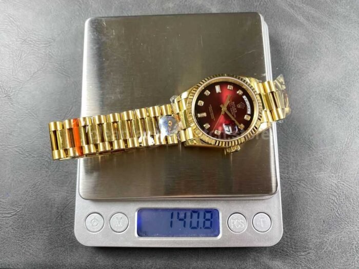 8+ Factory Counterweight Rolex Day-Date 128238 36mm Full Yellow Gold Diamond Mope Baguette Diamond Red Ombré Dial - Image 9