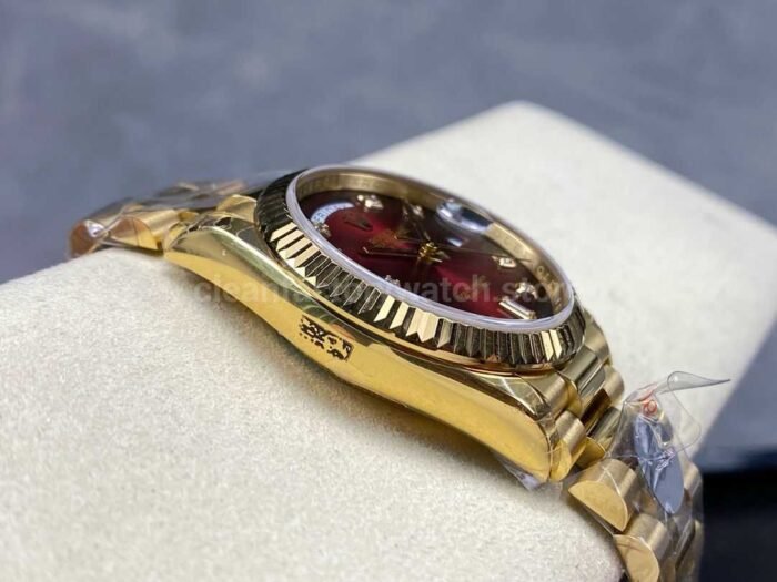 8+ Factory Counterweight Rolex Day-Date 128238 36mm Full Yellow Gold Diamond Mope Baguette Diamond Red Ombré Dial - Image 5