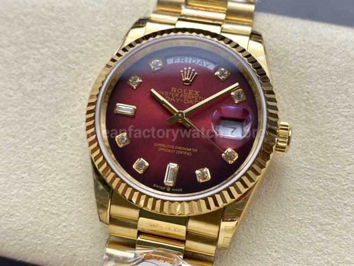 8+ Factory Counterweight Rolex Day-Date 128238 36mm Full Yellow Gold Diamond Mope Baguette Diamond Red Ombré Dial - Image 3