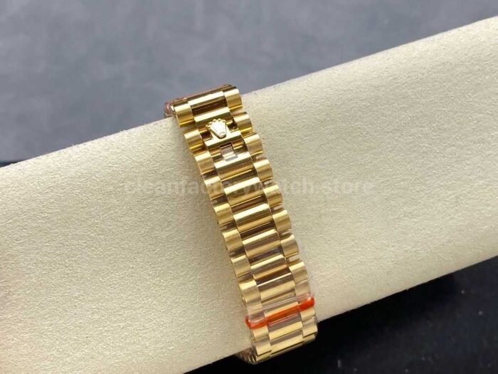 8+ Factory Counterweight Rolex Day-Date 128238 36mm Full Yellow Gold Diamond Mope Baguette Diamond Red Ombré Dial - Image 8