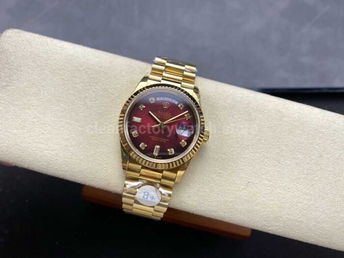 8+ Factory Counterweight Rolex Day-Date 128238 36mm Full Yellow Gold Diamond Mope Baguette Diamond Red Ombré Dial - Image 4