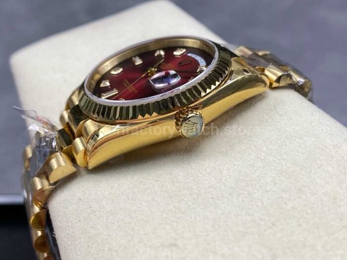 8+ Factory Counterweight Rolex Day-Date 128238 36mm Full Yellow Gold Diamond Mope Baguette Diamond Red Ombré Dial - Image 6