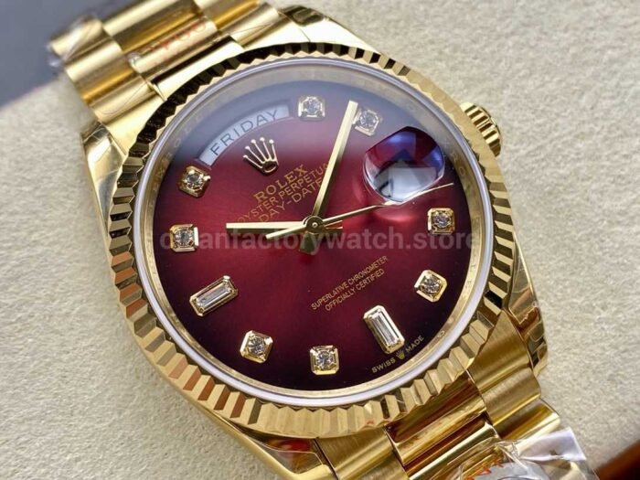 8+ Factory Counterweight Rolex Day-Date 128238 36mm Full Yellow Gold Diamond Mope Baguette Diamond Red Ombré Dial - Image 2