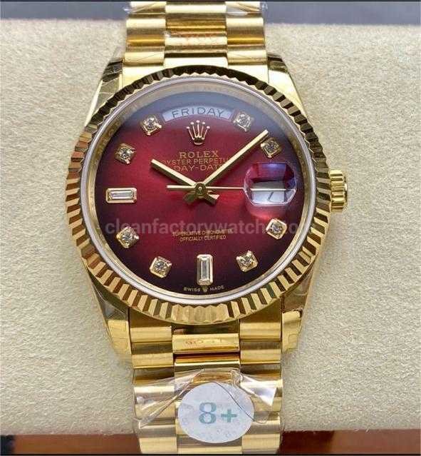 8+ Factory Counterweight Rolex Day-Date 128238 36mm Full Yellow Gold Diamond Mope Baguette Diamond Red Ombré Dial