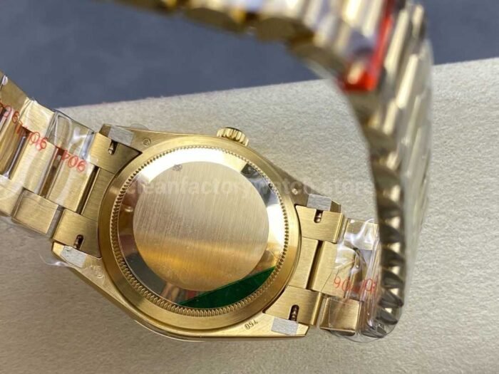8+ Factory Counterweight Rolex Day-Date 128238 36mm Full Yellow Gold Diamond Mope Baguette Diamond Red Ombré Dial - Image 7
