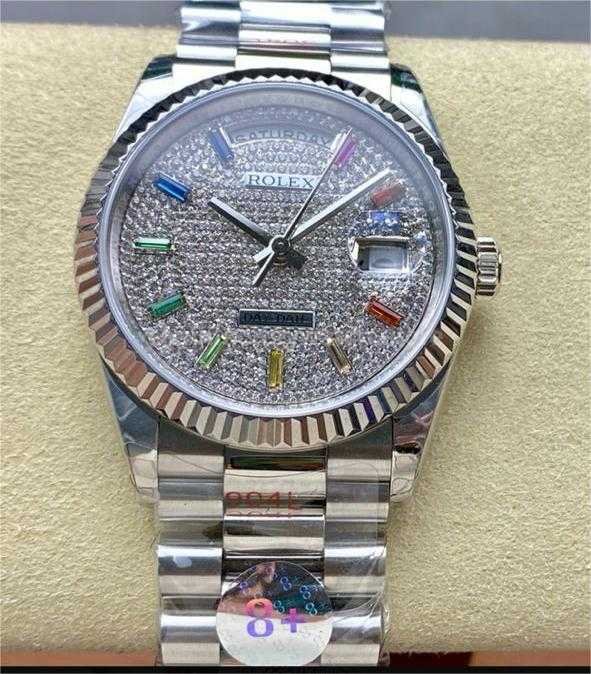 8+ Factory Counterweight Rolex Day-Date 128239-0019 Full White Gold Baguette Diamond White Gold Dial