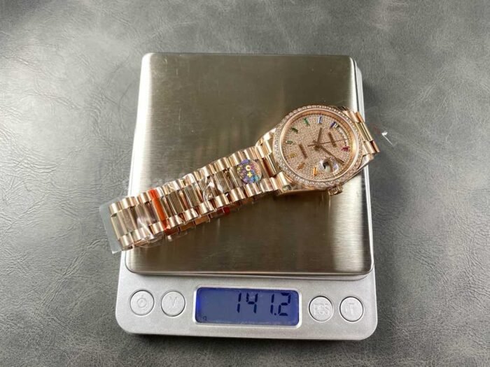8+ Factory Counterweight Rolex Day-Date 128345RBR-0042 36mm Diamond Rose Gold Bezel Full Rose Gold Baguette Diamond Rose Gold Dial - Image 9