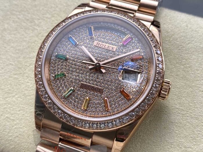 8+ Factory Counterweight Rolex Day-Date 128345RBR-0042 36mm Diamond Rose Gold Bezel Full Rose Gold Baguette Diamond Rose Gold Dial - Image 3