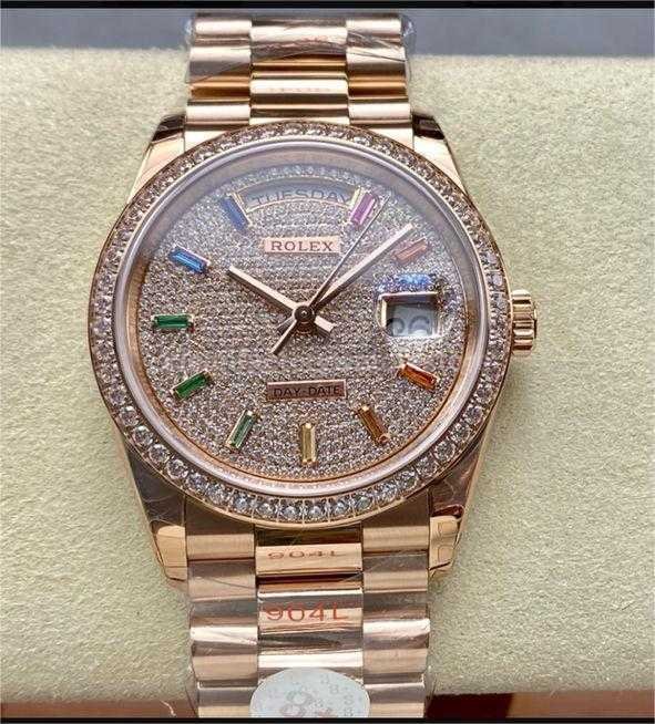 8+ Factory Counterweight Rolex Day Date 128345RBR 0042 36mm Di (7) 8+ Factory Counterweight Rolex Day-Date 128345RBR-0042 36mm Diamond Rose Gold Bezel Full Rose Gold Baguette Diamond Rose Gold Dial - Image 1