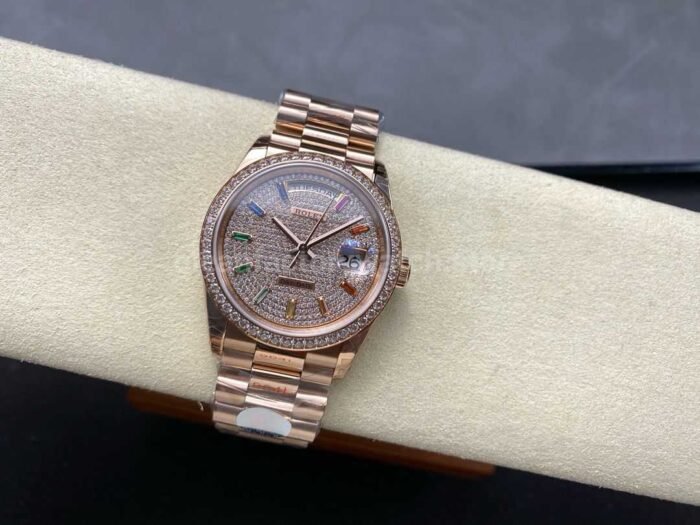 8+ Factory Counterweight Rolex Day-Date 128345RBR-0042 36mm Diamond Rose Gold Bezel Full Rose Gold Baguette Diamond Rose Gold Dial - Image 4