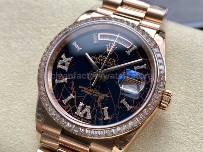 8+ Factory Counterweight Rolex Day-Date 128345RBR-0044 36mm Diamond Bezel Full Rose Gold Roman Numerals Diamond Black Dial - Image 3
