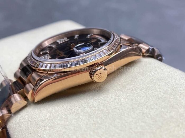 8+ Factory Counterweight Rolex Day-Date 128345RBR-0044 36mm Diamond Bezel Full Rose Gold Roman Numerals Diamond Black Dial - Image 6