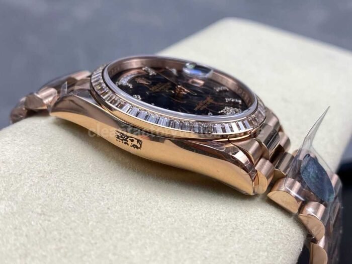 8+ Factory Counterweight Rolex Day-Date 128345RBR-0044 36mm Diamond Bezel Full Rose Gold Roman Numerals Diamond Black Dial - Image 5
