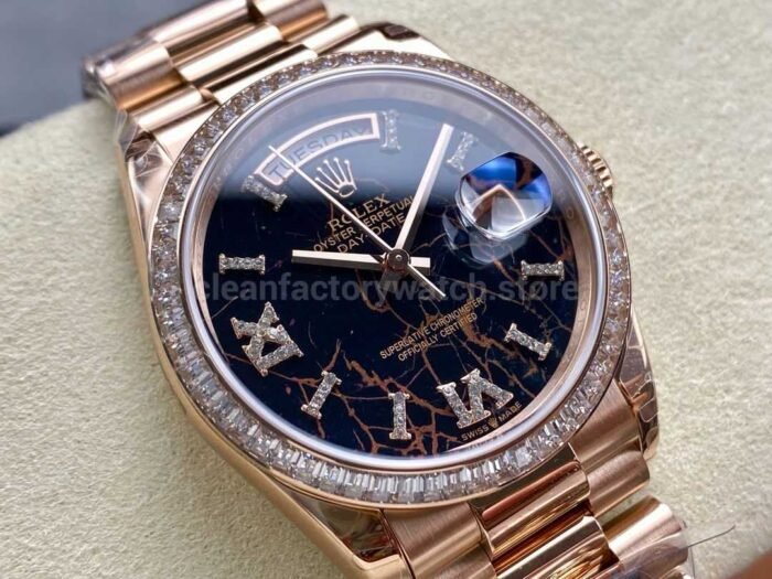8+ Factory Counterweight Rolex Day-Date 128345RBR-0044 36mm Diamond Bezel Full Rose Gold Roman Numerals Diamond Black Dial - Image 2