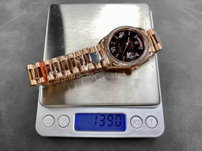 8+ Factory Counterweight Rolex Day-Date 128345RBR-0044 36mm Diamond Bezel Full Rose Gold Roman Numerals Diamond Black Dial - Image 9