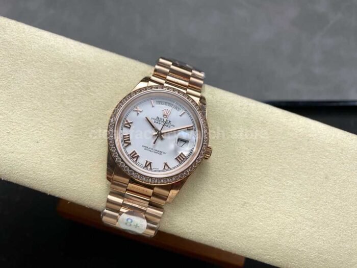8+ Factory Counterweight Rolex Day-Date 128345RBR-0054 36mm Diamond Bezel Full Rose Gold Roman Numerals White Dial - Image 4