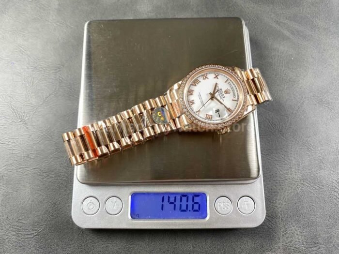8+ Factory Counterweight Rolex Day-Date 128345RBR-0054 36mm Diamond Bezel Full Rose Gold Roman Numerals White Dial - Image 9