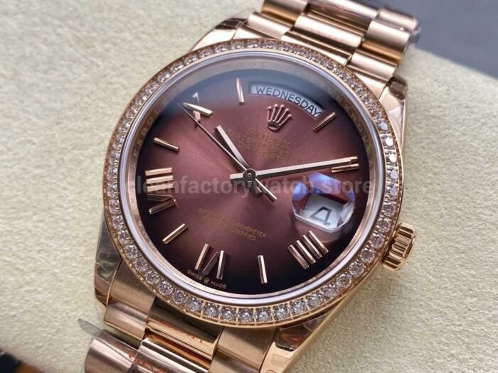 8+ Factory Counterweight Rolex Day-Date 128345RBR-0075 36mm Diamond Bezel Full Rose Gold Roman Numerals Brown Dial - Image 3