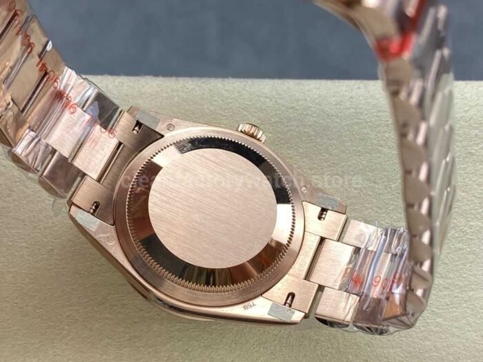 8+ Factory Counterweight Rolex Day-Date 128345RBR-0075 36mm Diamond Bezel Full Rose Gold Roman Numerals Brown Dial - Image 7