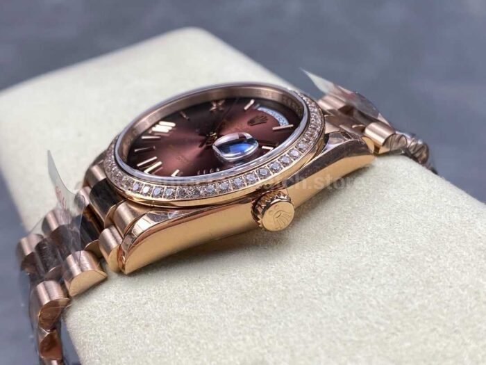 8+ Factory Counterweight Rolex Day-Date 128345RBR-0075 36mm Diamond Bezel Full Rose Gold Roman Numerals Brown Dial - Image 6