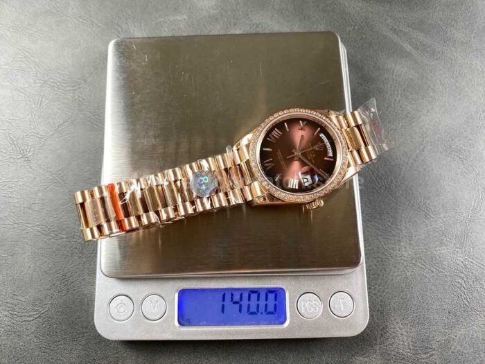 8+ Factory Counterweight Rolex Day-Date 128345RBR-0075 36mm Diamond Bezel Full Rose Gold Roman Numerals Brown Dial - Image 9