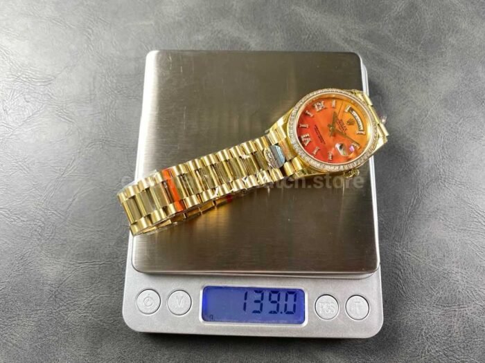 8+ Factory Counterweight Rolex Day-Date 128348RBR-0049 36mm Diamond Yellow Gold Bezel Full Yellow Gold Diamond Roman Numerals Orange Gradient Dial - Image 9