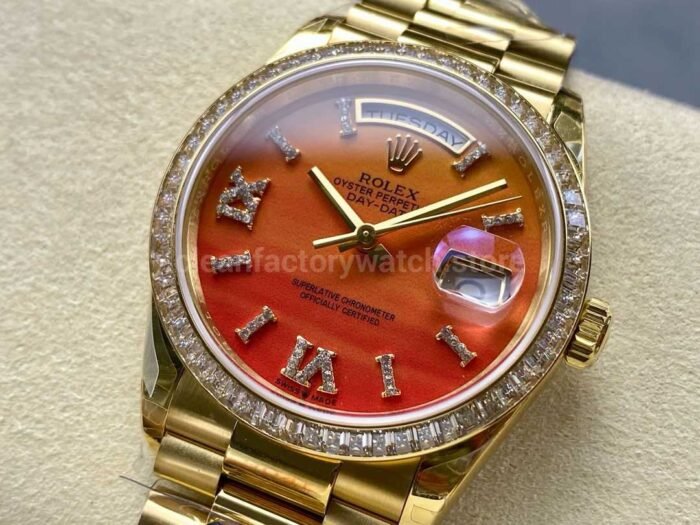 8+ Factory Counterweight Rolex Day-Date 128348RBR-0049 36mm Diamond Yellow Gold Bezel Full Yellow Gold Diamond Roman Numerals Orange Gradient Dial - Image 3